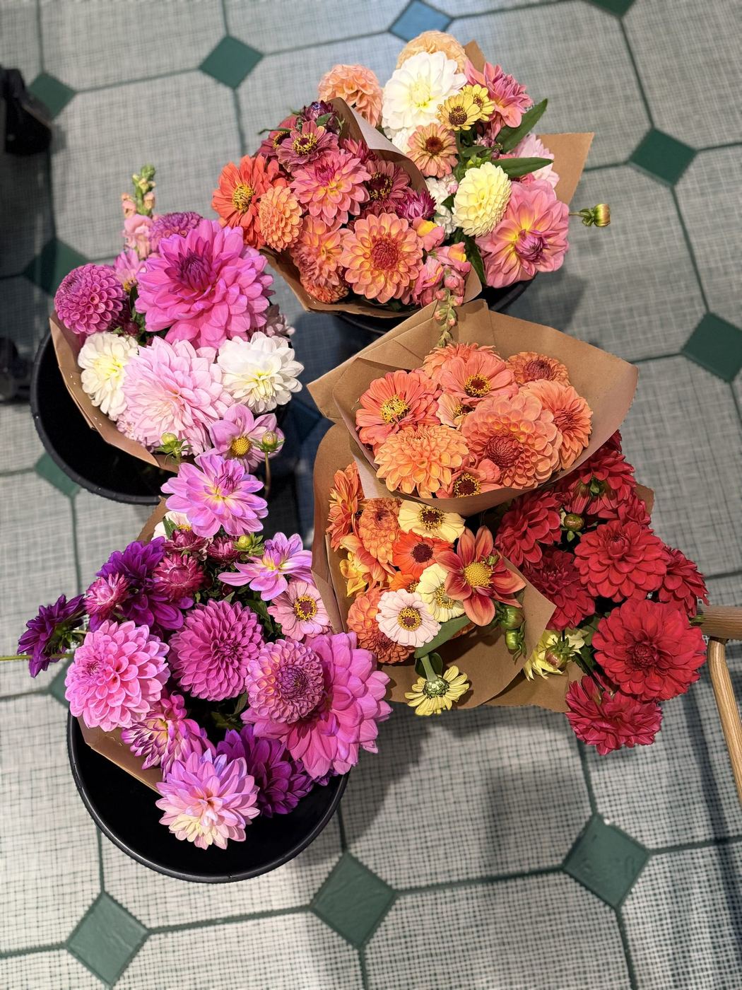 Buckets of dahlias on the farmhouse tile